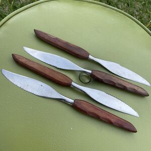 Vintage MCM Fleetwood Designer Teak Handle Stainless Steel Steak Knives Set 4 HN